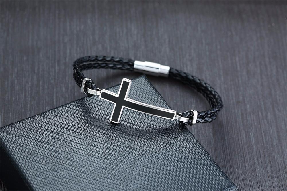 Bracelet Homme Croix Géométrique - Cuir Et Corde Tissée Main - Couleur Sombre - Neuf Avec étiquettes