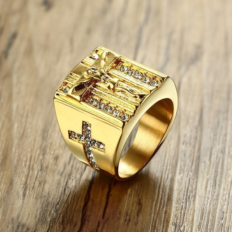 JewelryWe Bague Homme Croix Strass Acier Inoxydable – Style Hip Hop Chevalière Bling, Cadeau Masculin