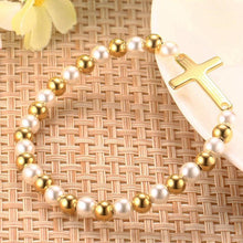 Charger l&#39;image dans la galerie, Bracelet croix plaquée or avec perles - le comptoir des croix
