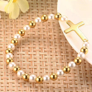 Bracelet croix plaquée or avec perles - le comptoir des croix