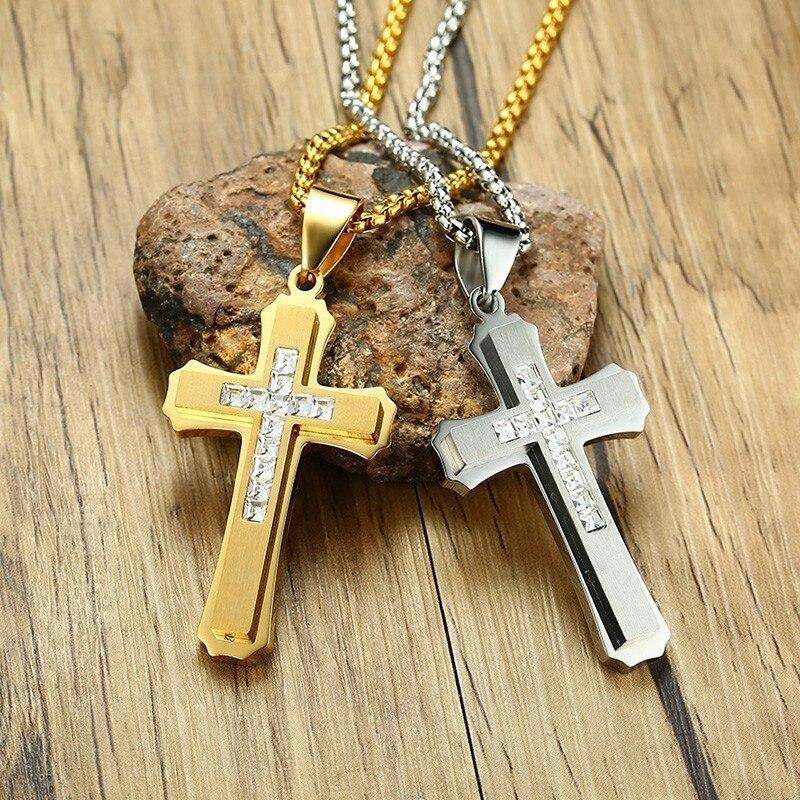 Collier Croix Chrétienne En Acier Inoxydable - Chaîne 22 Pouces + Extension 2 Pouces - Cadeau Bijou Pour Homme/femme